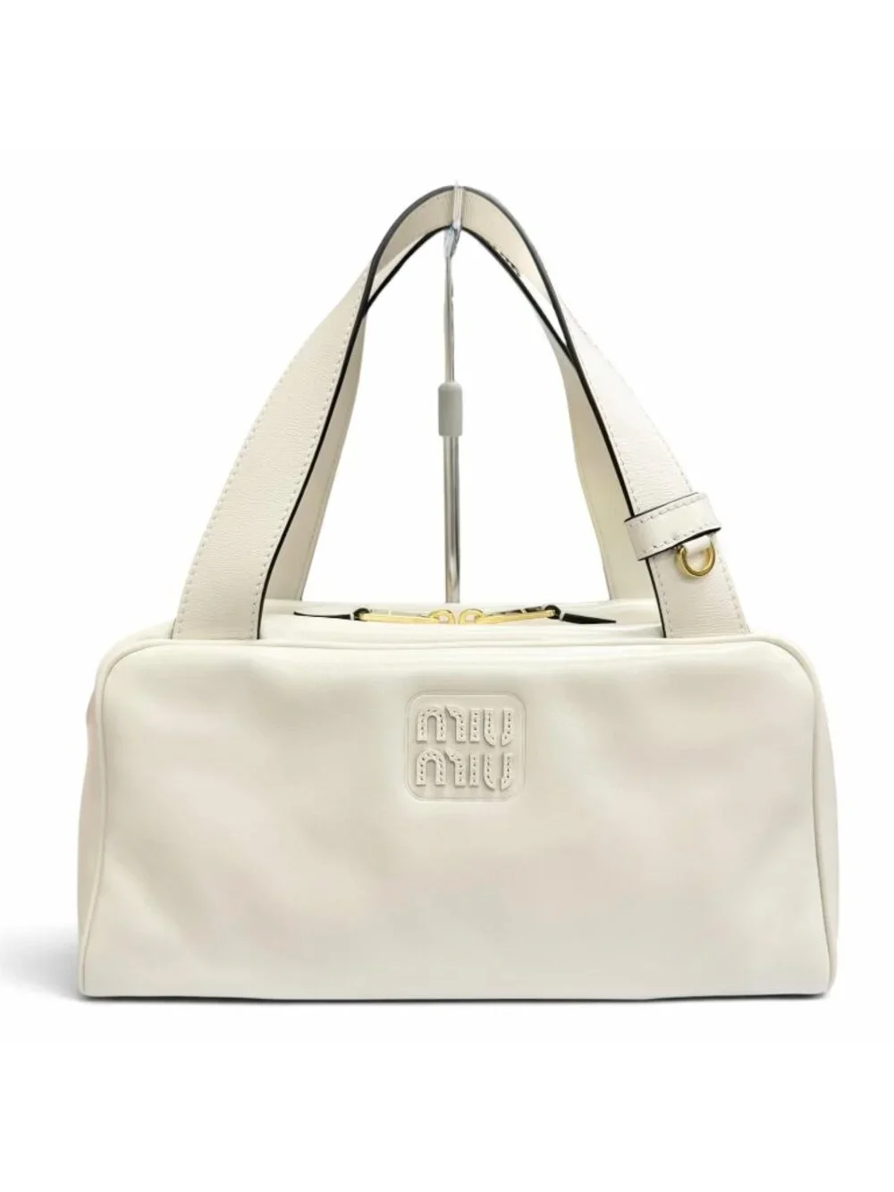 Miu Miu Logo Shine Calfskin Bowling Bag Ivory